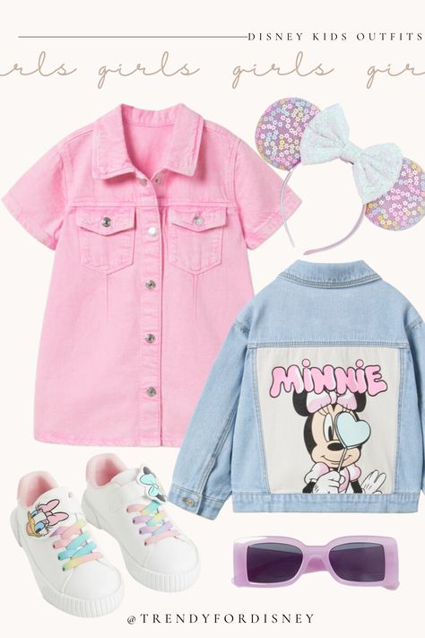 Disney Pins On Jean Jacket, Disney Outfit Ideas For Kids, Disneyland Kids Outfit, Toddler Girl Disneyland Outfit, Disney Outfits Girls Kids, Toddler Disney Outfit Girl, Disney Outfits Toddler Girl, Toddler Girl Disney Outfit, Disney Inspo Outfit