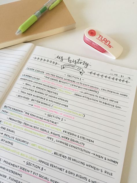 aestheticonpapier: “ 30.03.16 | 5:53 | US History Chapter 23 Study Guide: In the Spring color mood.. ” College Notes, History Notes, Study Organization, Pretty Notes, Notes Inspiration, Class Notes, School Study Tips, School Inspiration, Cute Notes