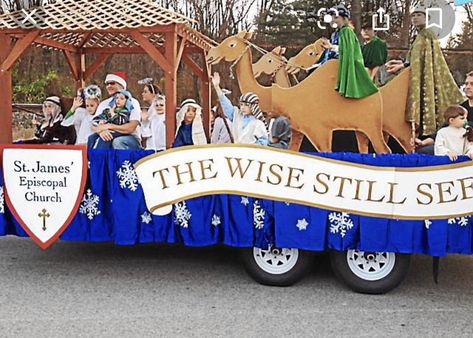 Christmas Village Parade Float, Small Christmas Parade Float Ideas, Christian Floats For Parade, Nativity Parade Float Ideas, Christian Christmas Float Ideas, Christmas Parade Floats Church, Church Float Ideas For Parade, Church Christmas Parade Float Ideas Diy, Christmas Trailer Float Ideas