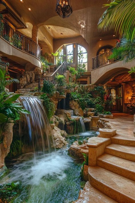 Luxury desert mansion indoor oasis waterfall and garden. Check out all of these luxury mansions that combine grandeur with comfort, all while sprinkling in a bit of wow factor. Water Fall In House, Waterfall Interior Design, Waterfall In Living Room, Brazil Mansion, Luxury Garden Mansions, Boho Mansion, Waterfall In House, Mansions Luxury Most Expensive, Luxury Houses Mansions Interiors