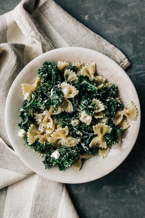 Simplicity at its best! This pasta is the perfect late winter/early spring dish. We’re picking overwintered kale here at the farm and used some fresh goat cheese from our “herd share” that melted into the hot pasta perfectly creating a creamy and tangy finish. The flavors in this dish are bright, satisfying and just what are … Kale And Goat Cheese, Recipes Kale, Bow Tie Pasta, Fall Meals, Goat Cheese Pasta, Spring Dishes, Bowtie Pasta, Vegetarian Pasta, Perfect Pasta