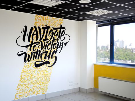 Calligraphy & Lettering. Murals on Behance                                                                                                                                                                                 More Office Wall Graphics, Office Mural, Office Wall Design, Typography Served, School Murals, Environmental Graphic Design, Wall Painting Decor, Calligraphy Lettering, Mural Design