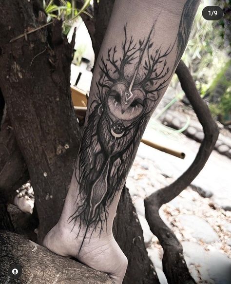 Dark Mystical Tattoos, Animal Hand Tattoos For Women, Dark Earthy Tattoos, Dark Cottage Core Tattoos, Witchy Elbow Tattoo, Witchy Owl Tattoo, Gothic Feminine Tattoos, Paranormal Tattoo Ideas, Cryptid Tattoo Ideas