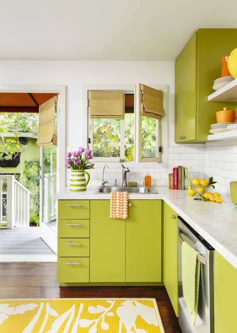 Inside Out Appeal for a 1949 Bungalow - This Old House Lime Green Kitchen, Light Green Kitchen, Kitchen Color Green, Kitchen Cabinet Inspiration, Trendy Kitchen Colors, Green Kitchen Decor, Green Kitchen Cabinets, Bright Kitchens, New Kitchen Cabinets