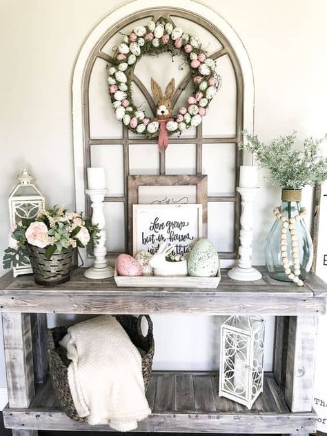 100 Simple Easter Decor Ideas for 2021 » Lady Decluttered Simple Easter Decor, Arched Wall Decor, Farmhouse Easter Decor, Foyer Decorating, Spring Easter Decor, Diy Interior, Rustic Living, Entry Table, Decor Guide