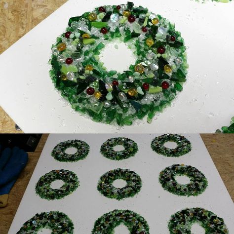 Fused Glass Wreath Ornaments, Fused Glass Wreath, Glass Wreath, Holiday Open House, Wreath Ornaments, Ornaments Homemade, Glass Christmas Decorations, Fused Glass Ornaments, Glass Fusing Projects