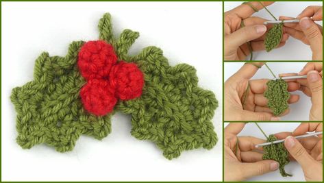 How To Crochet Holly Leaf With Berries Crochet Holly Leaf Free Pattern, Crochet Holly Leaves, Crochet Holly, Xmas Crochet, Holly Plant, Christmas Crochet Patterns Free, Crochet Leaf Patterns, Crochet Garland, Crochet Panda