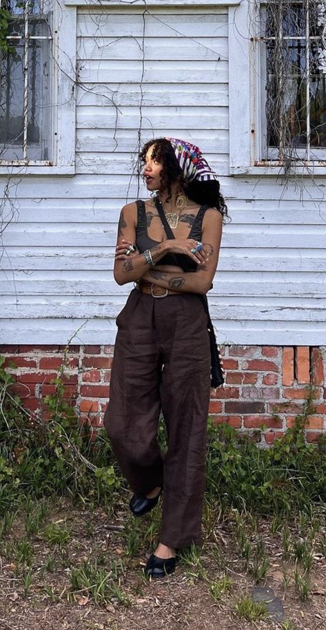 Fall Dress With Jacket, Outfits With Harem Pants, Sapphic Fits, Film Production Crew Outfit, Mother Nature Aesthetic Outfits, Elevated Grunge Outfits, Cute Gardener Outfit, Grounded Outfits, Ashtyn Kingsbury Outfits