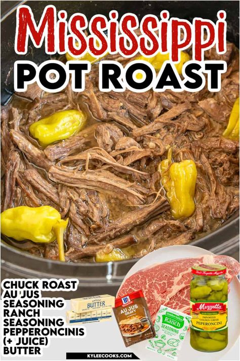 Mississippi Pot Roast - a flavorful and tender beef roast cooked low and slow with ranch seasoning, au jus gravy mix, pepperoncini peppers, and butter. This savory dish is perfect for a comforting family dinner. Crock Pot Mississippi Pot Roast, Chuck Roast Crock Pot Recipes, Crockpot Roast Recipes, Pot Roast Crock Pot Recipes, Mississippi Pot, Crockpot Recipes Beef Stew, Pepperocini Recipes, Mississippi Pot Roast, Crockpot Roast