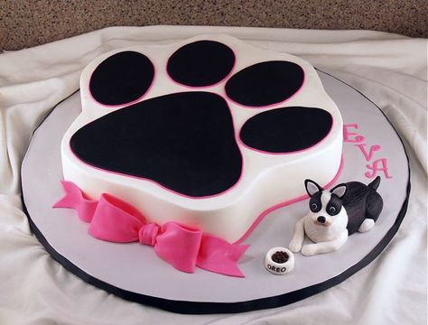 Oreo The Dog buttercream cake with fondant modeled dog and food bowl. Dog Lover Cake, Paw Print Cakes, Paw Cake, Birthday Cake Dog, Dog Birthday Cake Recipe, Dog Cake Recipes, Cake Dog, Birthday Cake With Photo, Puppy Cake