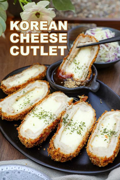 Korean Cheese Katsu Recipe & Video - Seonkyoung Longest Easy Korean Recipes Dinners, Korean Pork Cutlet, Cheese Pork Cutlet, Korean Food Recipes Desserts, Korean Fried Cheese, Korean Food Recipes South Korea, Korean Easy Recipes, Korean Snacks Recipe, Korean Dishes Recipes