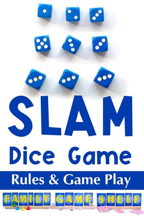 Slam Dice Game rules and game play for family game night Simple Dice Games, Family Math Night Elementary Activities, Dice Games For Adults Couples, Easy Dice Games, Dice Games For Adults, Pig Dice Game, Dice Games For Kids, Dice Game Rules, Game Shelf