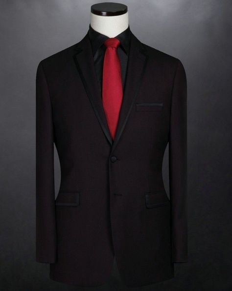 Red Vest Suit, Black Suit Red Tie, Full Black Suit, Suit Red Tie, All Black Tux, Black Suit White Shirt, Suit With Red Tie, Dark Red Suit, Red Tie Men