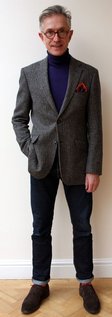 Grey Sport Coat Outfit Mens, Middle Age Style, Roll Neck Sweater Outfit, Tweed Blazer Men, Sports Coat And Jeans, Blazer Men Outfit, Sport Coat Outfit, Sweater And Jeans Outfit, Grey Tweed Blazer