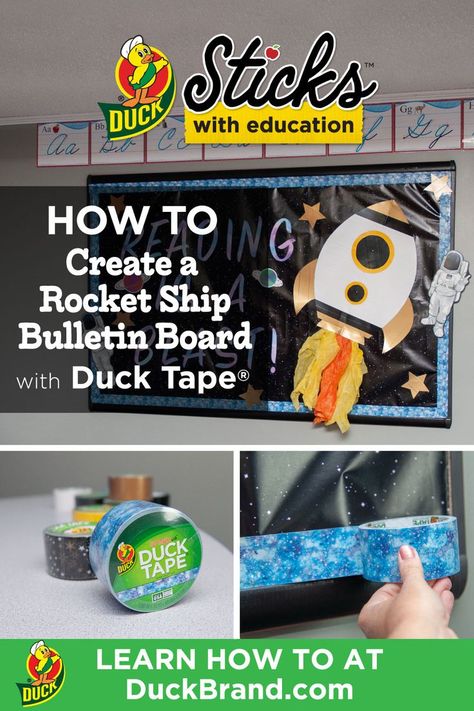 Rocket Ship Bulletin Board, Space Bulletin Boards, World Bulletin Board, Pta Board, School Wide Themes, Board Inspiration, Duck Tape, Rocket Ship, Classroom Crafts