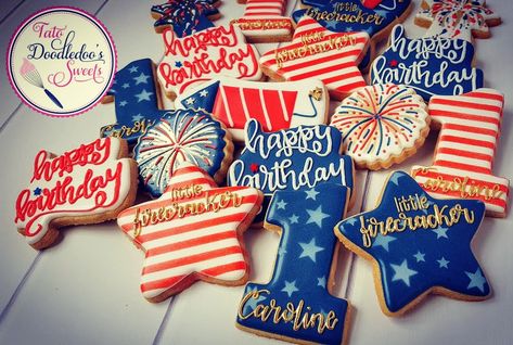 First Birthday Fourth Of July, Fourth Of July Fourth Birthday, Firework Themed Birthday Party, July 4 First Birthday, Firework First Birthday Party, 4th Of July Smash Cake Baby, July First Birthday, Fireworks First Birthday, Patriotic Birthday Cookies