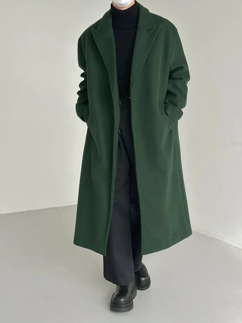 Green Woolen Over-the-knee Coat Posh Clothing, Mantel Outfit, Overcoat Men, Winter Outfits Men, Androgynous Fashion, Green Coat, Japanese Outfits, Woolen Coat, Streetwear Tshirt