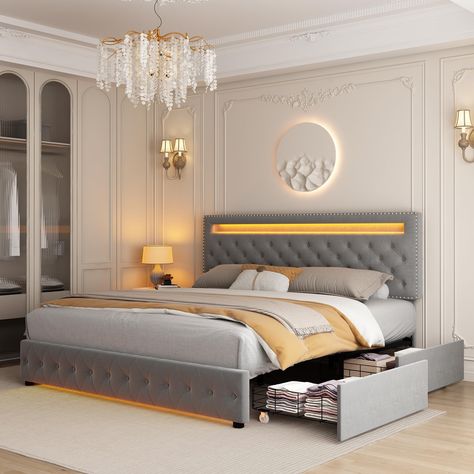 PRICES MAY VARY. MODERN LEATHER BED FRAMES BED FRAME with LED HEADBOARD & FOOTBOARD PRACTICAL STORAGE BED FRAMES STABLE and DURABLE EAST TO ASSEMBLE & SHIPPED IN 1 BOX LED Bed Frame Box Bed Designs, Full Height Headboard, Modern Leather Bed, Box Beds, Lights Headboard, Retreat Bedroom, Grey Storage Bed, Mom Room, Royal Bedroom Design