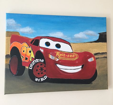 Lightning Mcqueen Painting Canvas, Cars Painting Disney, Painting Ideas On Canvas Lightning, Lightning Mcqueen Drawing, Disney Canvas Paintings, Disney Canvas, Kids Room Paint, Room Painting, Creative Gifts For Boyfriend