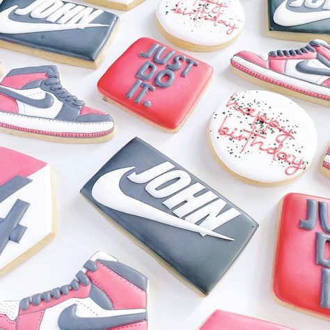 Jordan Baby Shower, Shoe Cookies, 40th Birthday Party Decorations, Neon Sneakers, 13th Birthday Parties, Sugar Cookie Designs, Birthday Desserts, 14th Birthday, 30th Birthday Parties