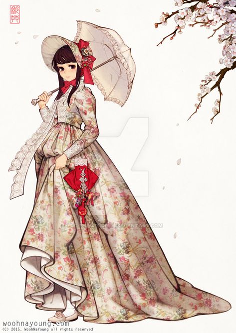 Korean Illustration, Floral Pleated Skirt, Korean Art, Poses References, 영감을 주는 캐릭터, Japanese Women, Character Outfits, A Drawing, Anime Outfits