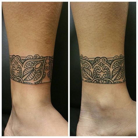 Ankle Cuff Tattoo, Wrist Tats, Lace Tattoos, Mandala Wrist Tattoo, Tattoo Journal, Ankle Tat, Lace Tattoo Design, Cuff Tattoo, Ankle Tattoos