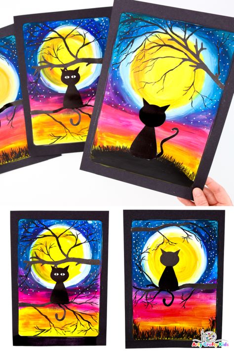 Varjak Paw, Cat Silhouette Art, Halloween Art Lessons, Halloween Art Projects, Black Cat Silhouette, October Art, Halloween Kunst, Fall Art Projects, Halloween Arts And Crafts