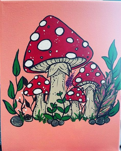 @trippy_ghost_art on Instagram: "Mushrooms 🍄❤️ #mushroom #painting #art #canvas #mushroompainting #plants #tattoo #garden #green" Posca Pens Art Mushroom, Mushroom Canvas Painting Ideas, Trippy Plant Art, Mushroom Garden Drawing, 70s Mushroom Art, Hippie Mushroom Art, Mushroom Painting Ideas On Canvas, Mushroom Painting Easy, Trippy Mushroom