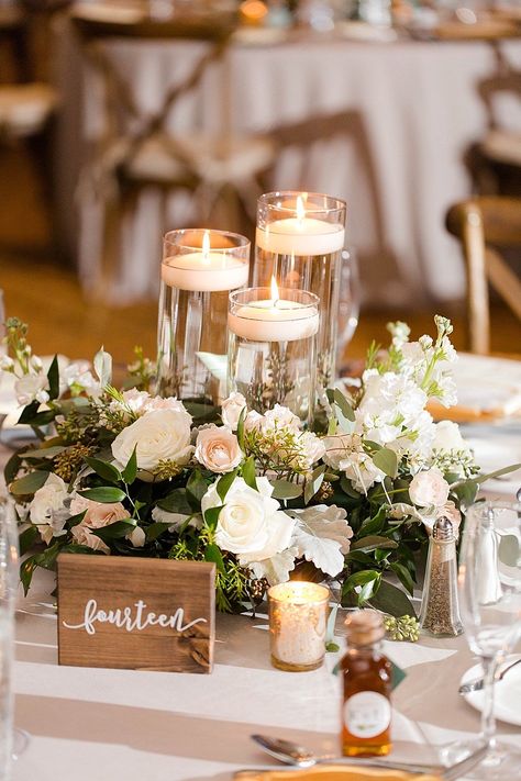 Rustic Elegant Wedding Reception Decor, White, Blush Pink, Ivory and Greenery Centerpiece with Tall Glass Cylinder Floating Candles and Wooden Table Number Sign Elegant Wedding Reception Decor, Table Number Sign, Wooden Table Numbers, Greenery Centerpiece, Harbor Wedding, Rustic Wedding Decorations, Rustic Elegant Wedding, Candle Wedding Centerpieces, Tafel Decor