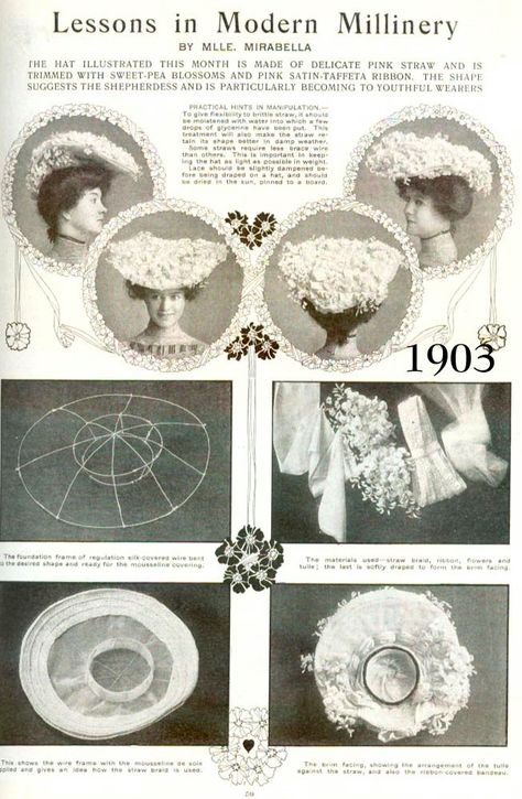 Lessons in Modern (Edwardian) Millinery c. 1903 NYPL Digital Library Edwardian Headpiece, Modern Edwardian Fashion, 1900s Hats, Modern Edwardian, Edwardian Hats, Edwardian Hat, Historical Hats, Costume Carnaval, Patron Vintage