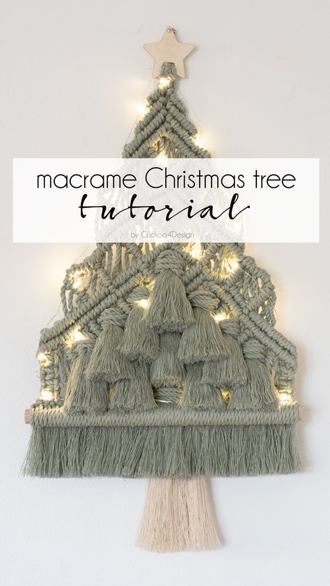 This DIY macrame Christmas tree is the perfect little tree for all those people who don't have a lot of room and it's easily customized to your specific taste | macrame Christmas tree pattern | green marame Christmas tree via @jakonya Christmas Tree Macrame Ideas, Large Macrame Christmas Tree Wall Hanging, Christmas Tree With Macrame, Tabletop Macrame Christmas Tree, Boho Macrame Christmas Tree, Macrame Tree Wall Hanging Diy, Unique Christmas Tree Ideas Diy, Macarena Christmas Tree, How To Make A Macrame Christmas Tree