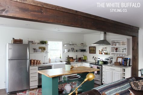 Faux Beam Over Kitchen Bulkhead - Wood Beam Inspiration | So Much Better With Age Wood Beams In Kitchen, Beams In Kitchen, Beam In Kitchen, House Flip, Best White Paint, Faux Beams, Faux Wood Beams, Kitchen Wood, Exposed Wood