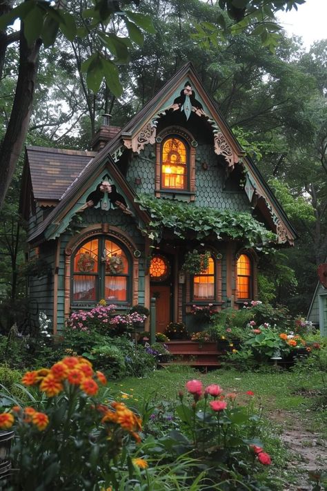 Old English House Exterior, Wacky House Decor, European Cabin, Magical Cottage, Gothic Cottage, Fairytale Houses, Whimsical Cottage, Magical House, Fairytale House