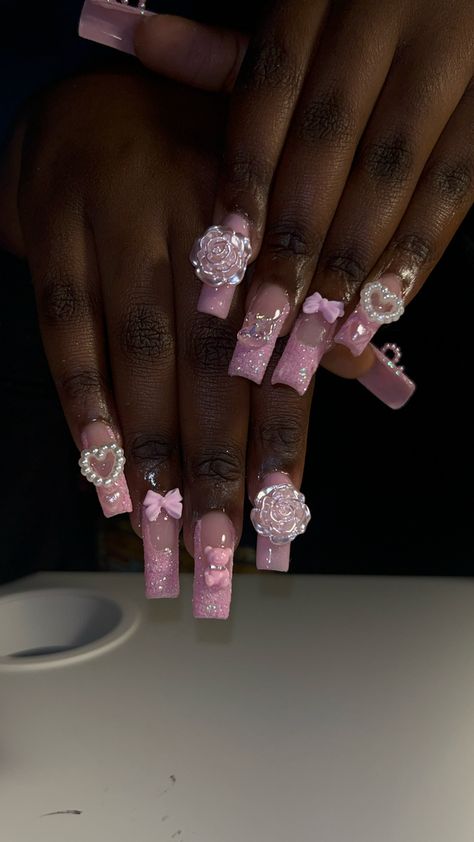 #nails #nailsofinstagram #acrylic #pink #nailinspiration #nailset #naildesign #nailideas #naildesign #y2k Birthday Nails Charms, Pink Nails Black Women, Pink Charm Nails, 200s Nails, Nail Charm Designs, Nail Charm Ideas, Pink Nails Y2k, Y2k Nails Pink, Black Girls Nails