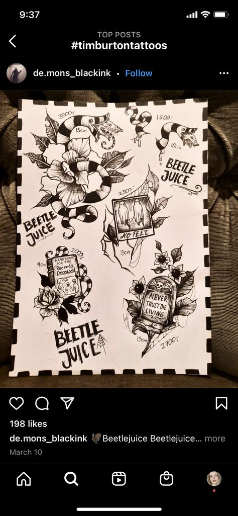 Cute Beetlejuice Tattoo, American Traditional Tim Burton Tattoo, Horror Filler Tattoos, Beatle Juice Tattoos, Small Beetlejuice Tattoo Ideas, Traditional Beetlejuice Tattoo, Spooky Filler Tattoo, Beetlegeuse Tattoo, Spooky Patchwork Tattoos