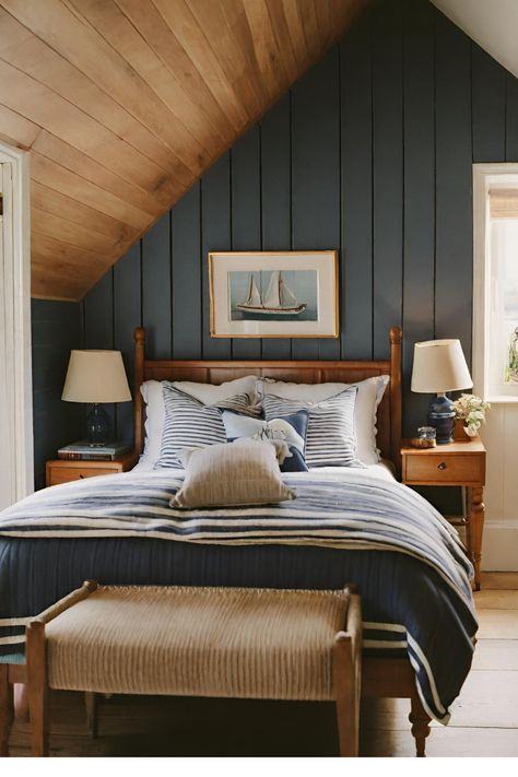 #shiplap #coastal #nauticaldecor #coastalgrandmotheraesthetic #bedroomideasforsmallrooms Nautical Bedroom Master, Moody Coastal Decor, Updated Victorian, Lakehouse Bedroom, Nautical Bedroom, Lake House Interior, Attic Bedroom, Cottage Bedroom, Lake Cottage