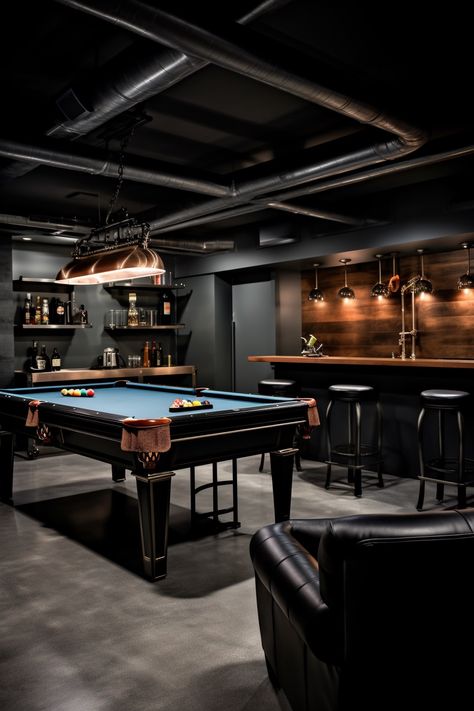 Home Lounge Room Bar, Industrial Basement, Bar Room Decor, Cart Bar, Snooker Room, Bourbon Room, Basement Games, Pool Table Room, Dream Basement