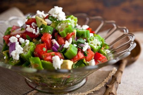 Okra, Avocado and Tomato Salad With Chili and Lime Juice Okra Salad, Salad With Chili, Lime Juice Recipes, Avocado And Tomato, Okra Recipe, Okra And Tomatoes, Mexican Salads, Okra Recipes, Avocado Tomato Salad