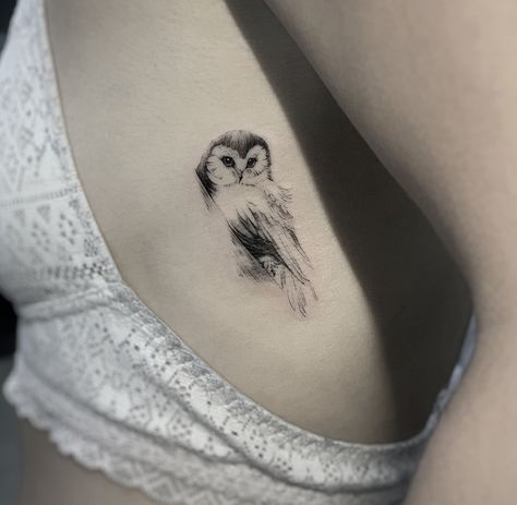 Owl Tattoo Tiny, Winnie The Pooh Owl Tattoo, Barred Owl Tattoo For Women, Owl Tattoo Aesthetic, Owl Heart Tattoo, Owl Rib Tattoo, Minimalist Owl Tattoo For Women, Tattoo Owl Small, Small Owl Tattoo For Women Unique