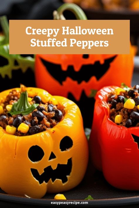 Halloween Spooky Stuffed Peppers Recipe: Fun & Festive Bell Pepper Jack-o'-Lanterns Stuffed Bell Peppers Halloween, Stuffed Bell Peppers Turkey, Halloween Stuffed Peppers, School Cookies Recipe, Welcome To My Kitchen, Stuffed Peppers Recipe, Easy Zucchini Recipes, Easy Peasy Recipes, Bell Pepper Recipes