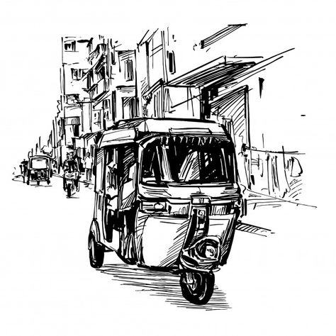 Drawing of the tricycle on street in ind... | Premium Vector #Freepik #vector #city #street #transport #taxi Drawing Dragon, Auto Rickshaw, Pen Art Work, Drawing Hands, Urban Sketch, Pen Art Drawings, Architecture Drawing Art, Art Drawings Sketches Pencil, Drawing Faces