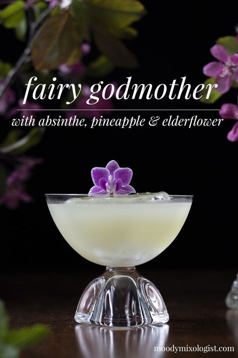 Fairy Godmother Absinthe Cocktail - Moody Mixologist Absinthe Cocktail, Elderflower Cocktail, Boozy Drinks, Fancy Drinks, Cocktail Drinks Recipes, Alcohol Drink Recipes, Drinks Alcohol Recipes, Fairy Godmother, Alcohol Recipes