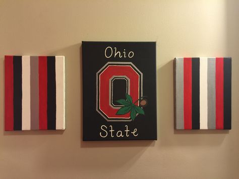 Ohio State canvas trio! Ohio Home Decor, Ohio State Painting, Ohio State Diy, Ohio State Decor, Ohio State Crafts, Buckeye Crafts, Ohio State Gifts, Team Decor, Buckeye Baby