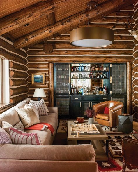 Cowboy Cabin - Big Sky Journal Updated Log Cabin, Log Cabin Interior, Jackson Wyoming, Rock Fireplaces, Island Countertops, Bernhardt Furniture, Cabin Living, Style Deco, Cozy Cabin