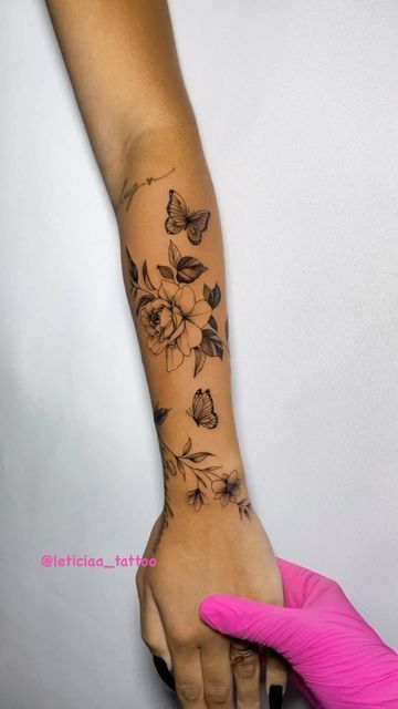 Simplistic Tattoos For Women Arm, Scattered Flowers Tattoo, Floral Butterfly Tattoo Design Forearm, Sleeve With Butterfly Tattoo, Butterfly Quarter Sleeve Tattoo, Small Sleeve Tattoo Women, Loyalty Tattoo For Women Ideas, Woman’s Arm Tattoos, Quarter Sleeve Tattoos For Women Forearm