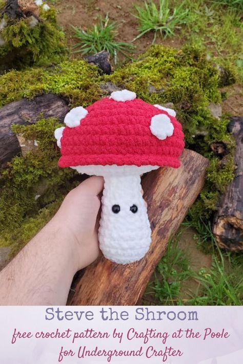 Free pattern: Steve the Shroom by Crafting at the Poole for Underground Crafter | This cute crochet mushroom pattern is perfect for fairy forest adventures! This toadstool mushroom works up quickly in a super bulky yarn. Mushroom Amigurumi, Toadstool Mushroom, Mushroom Pattern, Crochet Mushroom, Fairy Forest, Bernat Blanket Yarn, Crochet Decrease, All Free Crochet, Crochet Simple