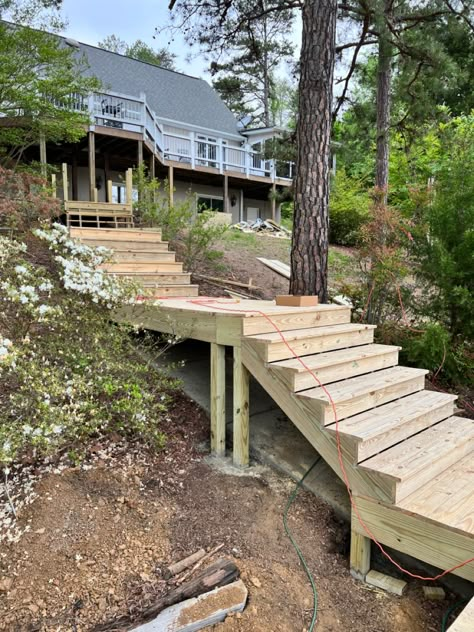 Outdoor Wooden Steps On A Slope, Deck Stairs On Sloped Yard, Steep Sloped Backyard Landscaping, Outdoor Stairs Hillside, Landscape Stairs Sloped Yard, Steps On Hillside Sloped Yard, Wooden Steps Outdoor, Garden Stairs Ideas, Hillside Deck