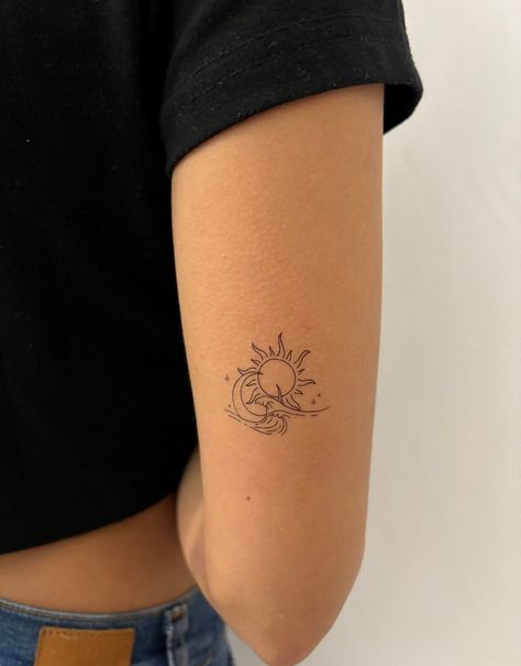 Unique Sun Moon Tattoo, Tattos Ideas Minimalista, Tattoes Idea Aesthetic, Sun Tatoos Woman, Delicate Sun Tattoo, Moon Tattoo Back Of Arm, Fine Line Sun And Moon Tattoo, Small Upper Arm Tattoos For Women, Small Tatoos Woman