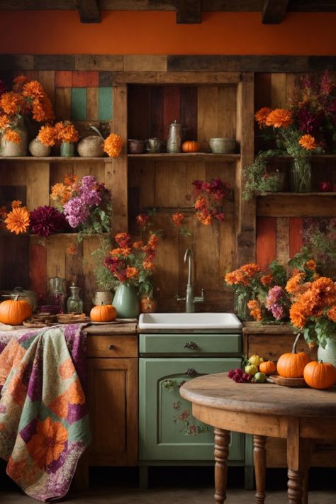 Step into the cozy embrace of this rustic kitchen nook, a haven of autumnal charm. The warm, weathered wooden shelving, rich with history, stands tall against a backdrop of radiant orange hues, encapsulating the essence of fall. Vibrant bouquets of marigold, magenta, and fiery red blooms create a symphony of colors, complementing the pumpkins that rest gently on the countertop. A sage-green cabinet adds a touch of nostalgia, while a round wooden table, beautifully aged, beckons for gatherings. Sage Green And Orange Kitchen, Orange Green Kitchen, Orange And Green Kitchen, Green And Orange Kitchen, Orange Kitchen Ideas, Open Kitchen Shelves Decor, Fall Kitchen Decor Ideas, Green Cabinet, Orange Kitchen Decor