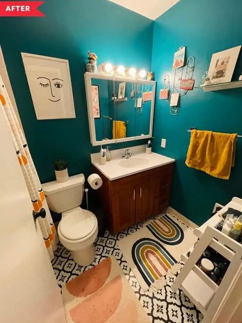 Dark Green Bathroom, Teal Accent Walls, Teal Bathroom Ideas, Blue Painted Walls, White Mantel, Rental Bathroom, Ceiling Shelves, Teal Bathroom, Rental Kitchen